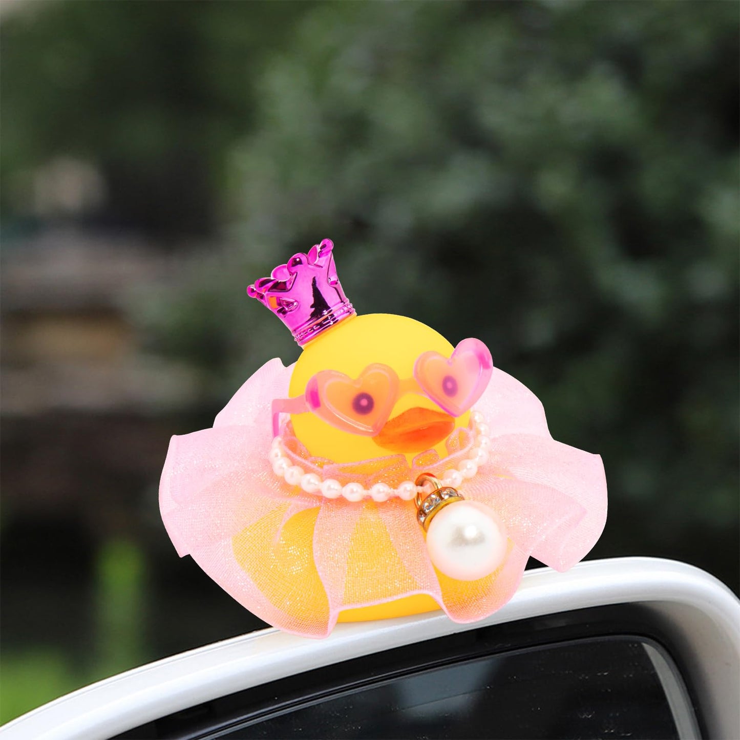 wonuu Rubber Duck Car Dashboard Decoration  Duck Car Ornament Cute Car Accessories with Mini Crown Dress Pearl Necklace Glasses  Pink Tutu Skirt