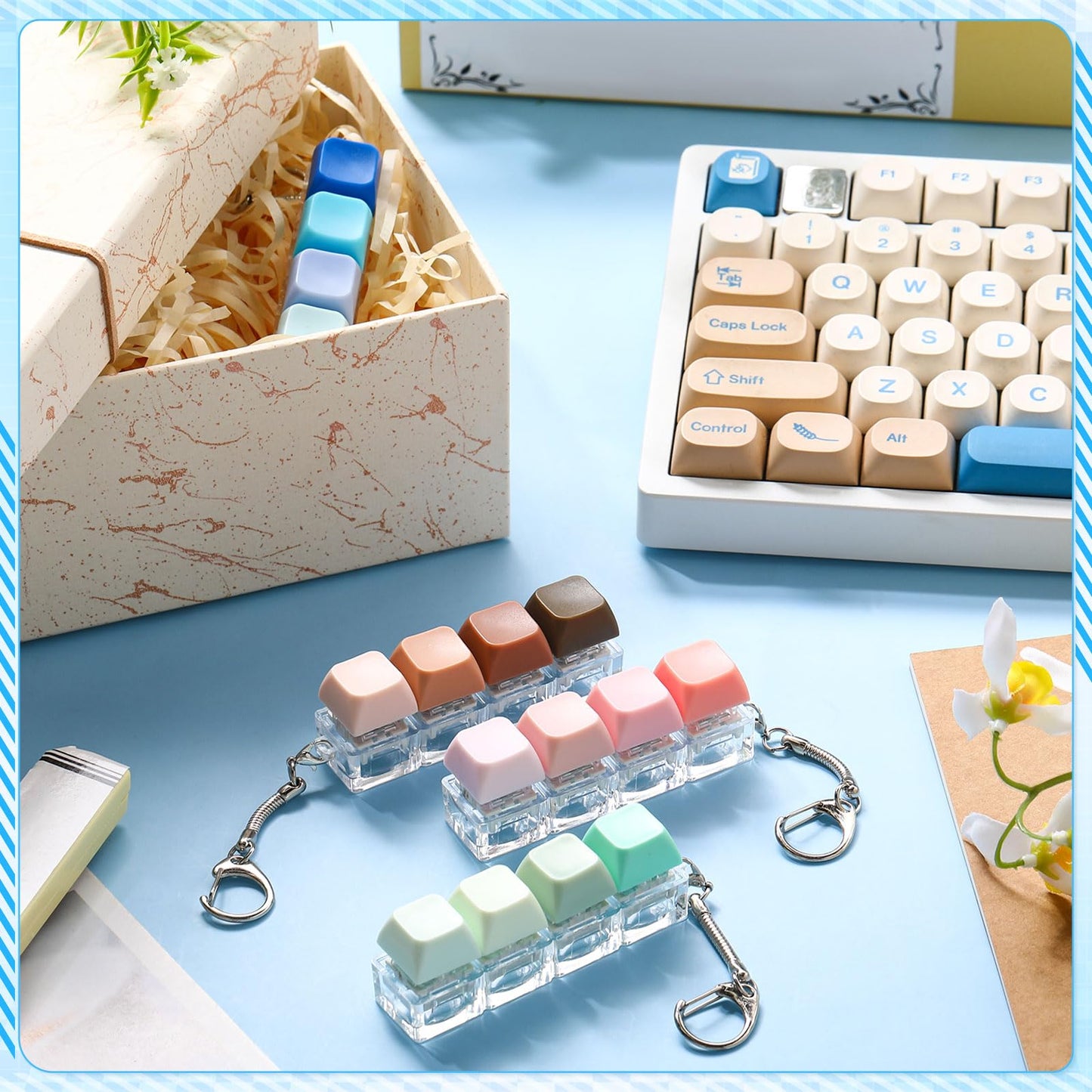 Halloscume 4 Pcs Keyboard mature-themed Fidget Toy Clicker Toy 4-in-1 Keyboard Fidget Keychain Cube Mechanical Key Button Clicker Stress Relief Gift for Office School Home to Pass The Time(Gradient Colors)