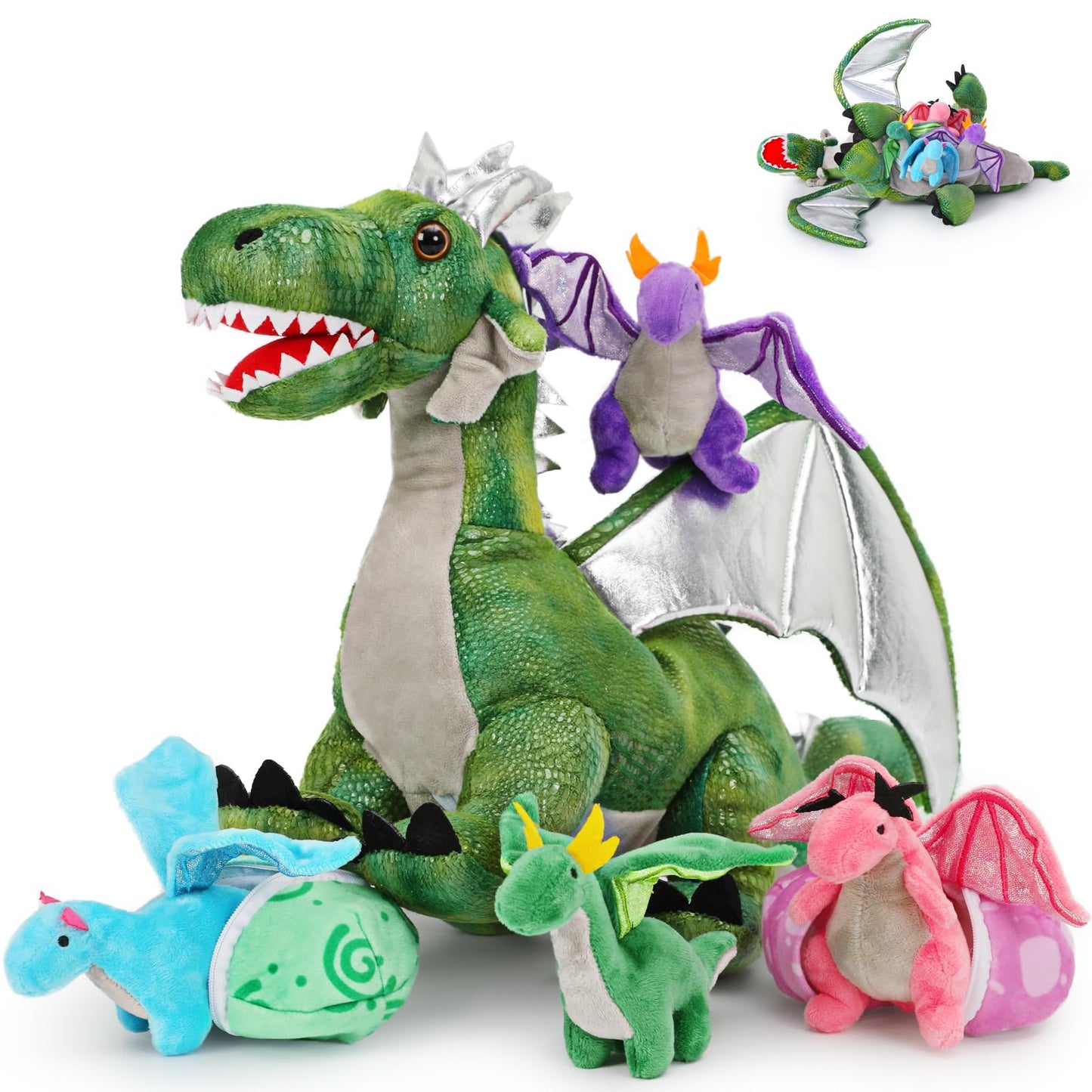 Karister 7Pcs Dragon Plush Toy Set,Dinosaur Stuffed Animal For Boys,Girls,Dragon Stuffed Animal With 4 Baby Dragons & 2 Dragon E
