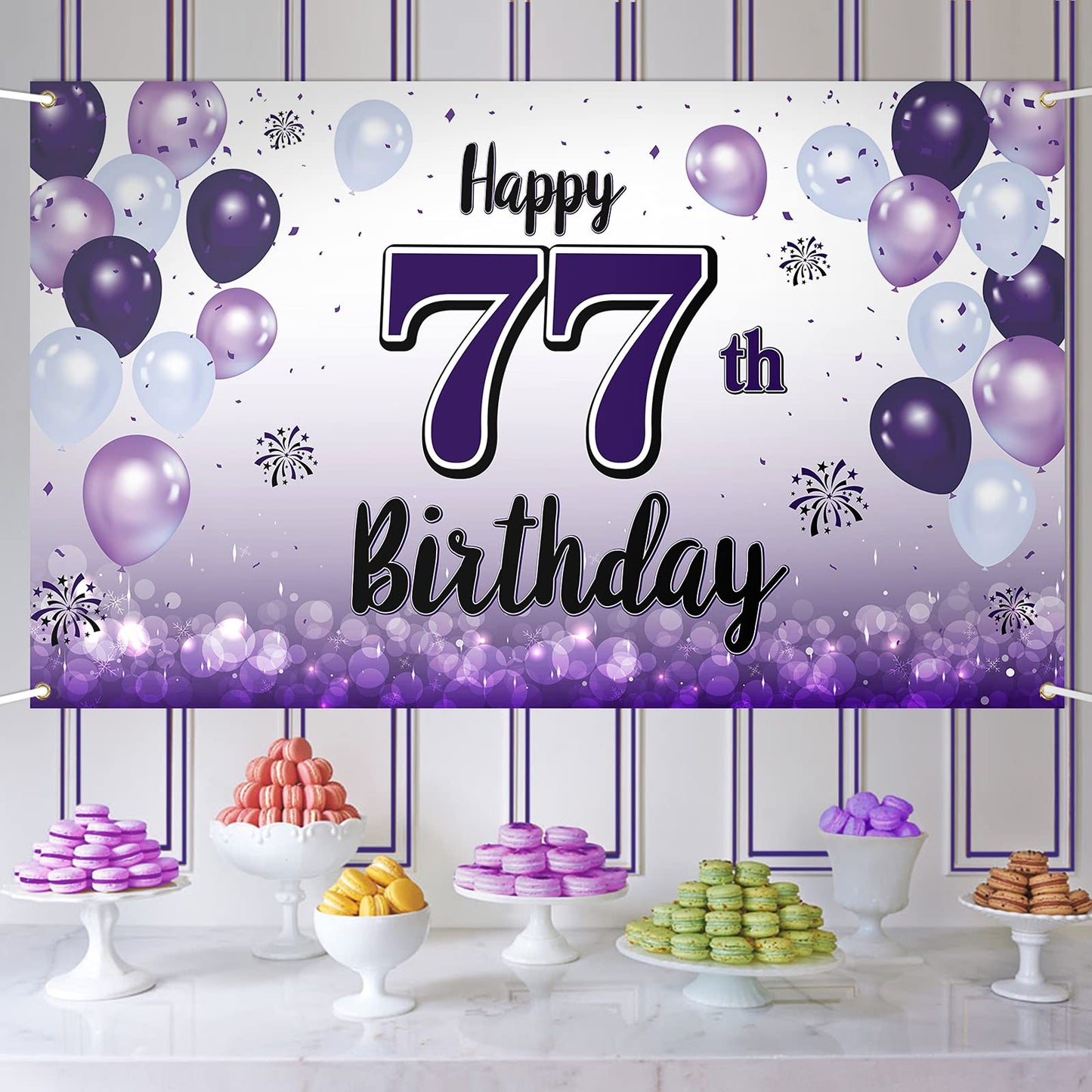 LASKYER Happy 77th Birthday Decorations,77th Purple Balloon Large Birthday Banner Backdrop Sign,77 Years Old Bday Party Supplies