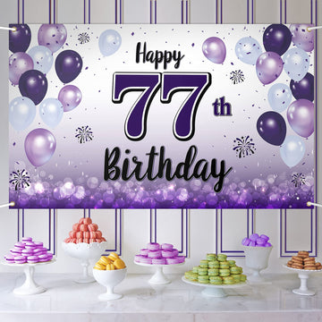 LASKYER Happy 77th Birthday Decorations,77th Purple Balloon Large Birthday Banner Backdrop Sign,77 Years Old Bday Party Supplies
