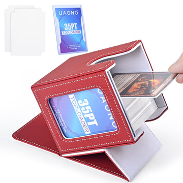 Uaono Card Deck Box With Mtg Commander Display, Deck Case Holds 100+ Double-Sleeved Cards, Trading Card Storage Box Fits Tcg/Ptcg/Sports Card With 2 Dividers, 1 Toploader (Red, White)