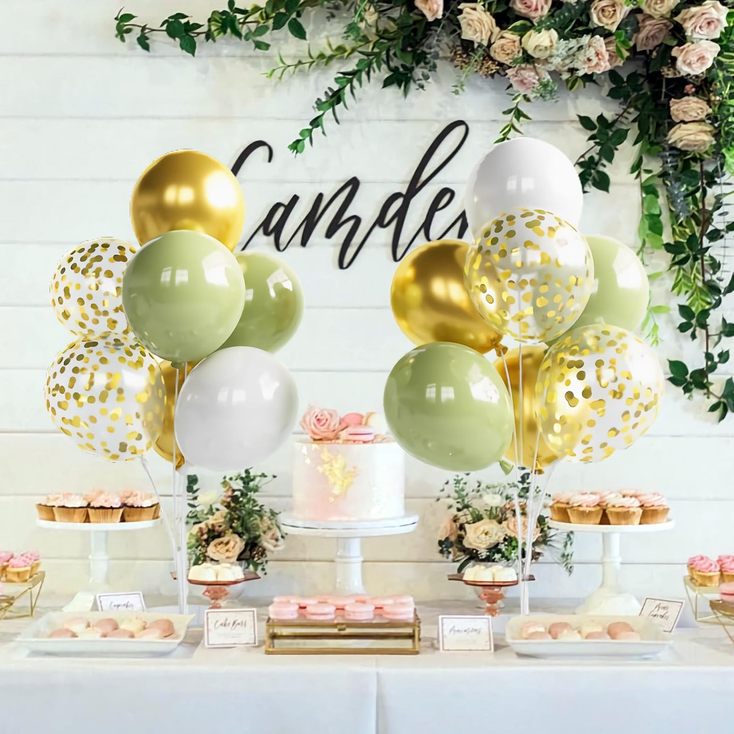 Balloon Centerpieces for Table, 28 Pcs Sage Green White Gold Confetti latex balloons with 4 Set 28 Balloon Stands for Table for