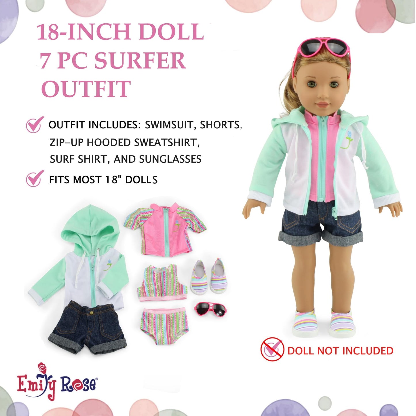 Emily Rose Doll Clothes | 18-Inch Doll 7 Pc Surfer Swimming Bathing Suit Beach Set, Includes Sunglasses And 18-In Doll Shoes! | Compatible With 18' American Girl Dolls