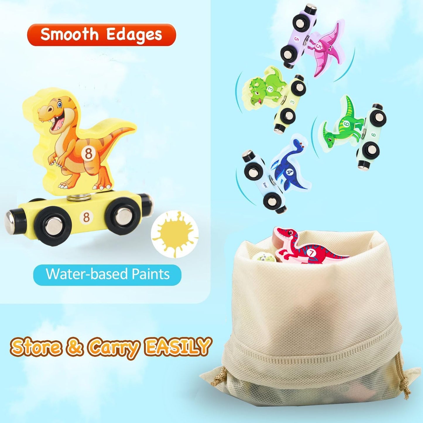 Yzata Magnetic Wooden Dinosaur Train Set Montessori Preschool Educational Car Toys For Baby Toddlers Infants Boys Birthday Gifts