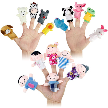 Sealive 16-Pcs Finger Puppets For Toddlers Story Time - Soft Velvet 10 Animals & 6 Family Members - Perfect For Role Playing, Classroom Learning, Party Favors, Travel, Therapy, Imagination Building
