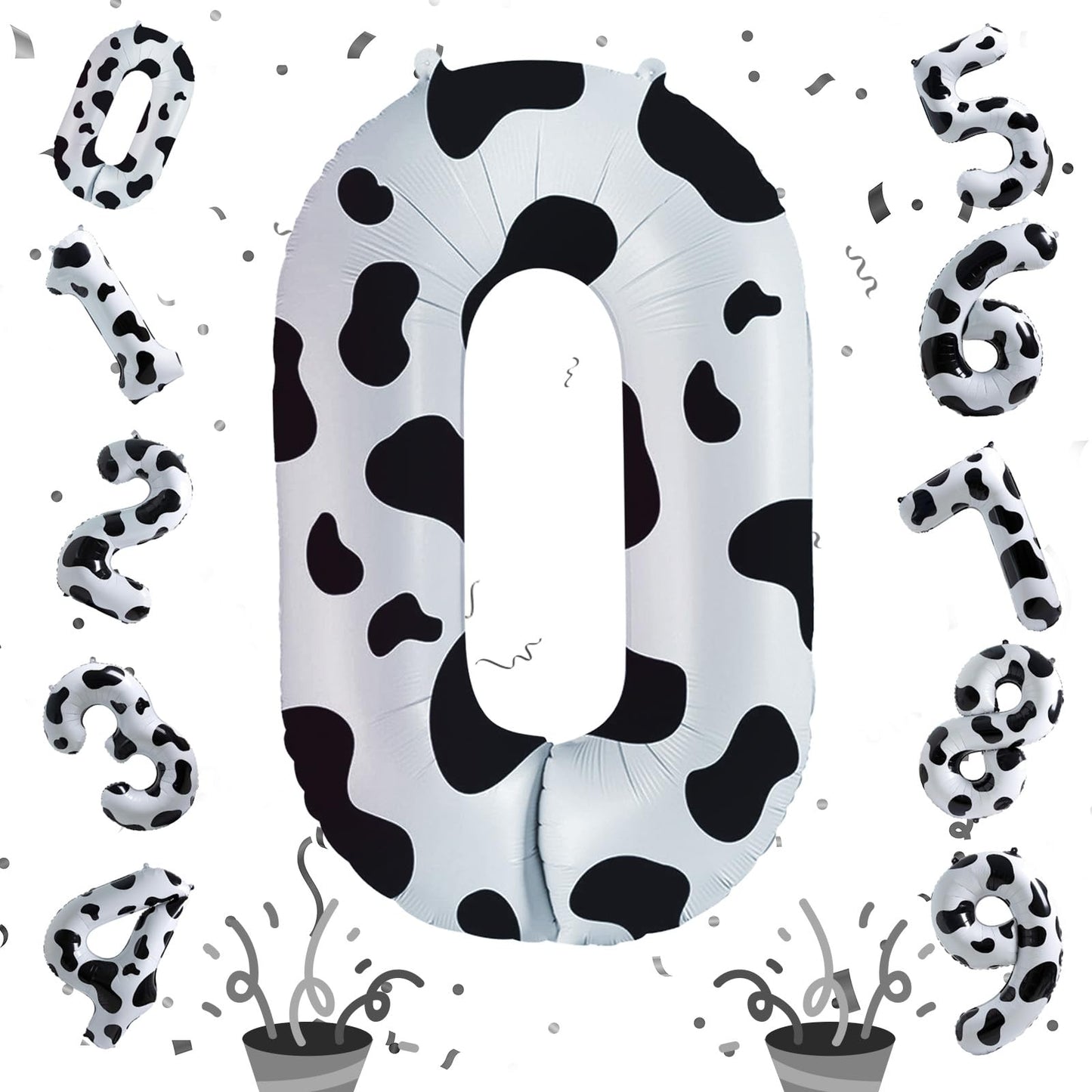 Cow Print Number Balloons For Kids, 40 Inch Foil Helium 0-9 Set Balloons, Self Inflating Big Number 0 Balloon For Boys Girls Bir