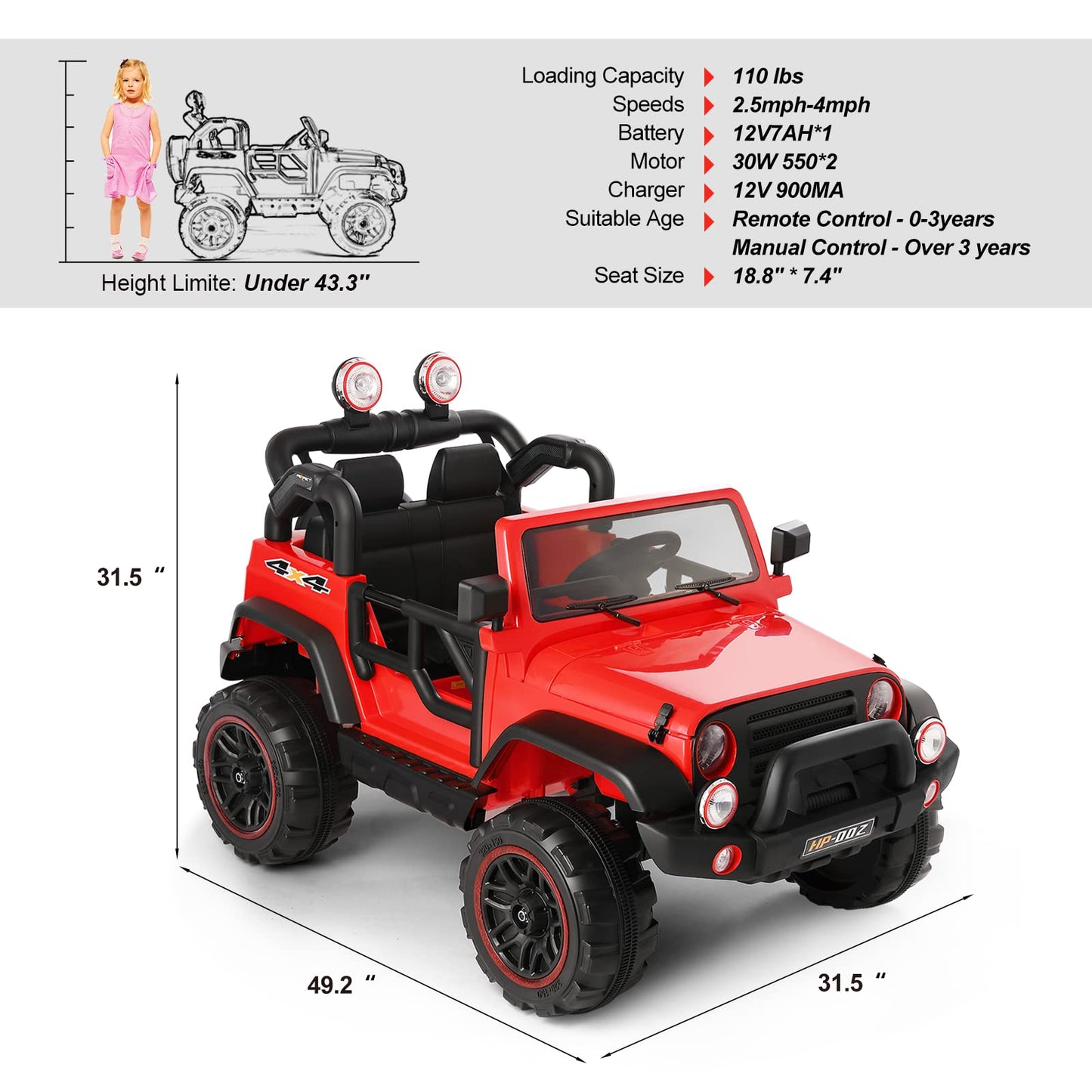 2 Seater Ride On Truck And Car Cover, 12V Children'S Electric Car With Parental Remote Control, Music, Mp3 Player, Led Lights, Spring Suspension, Red