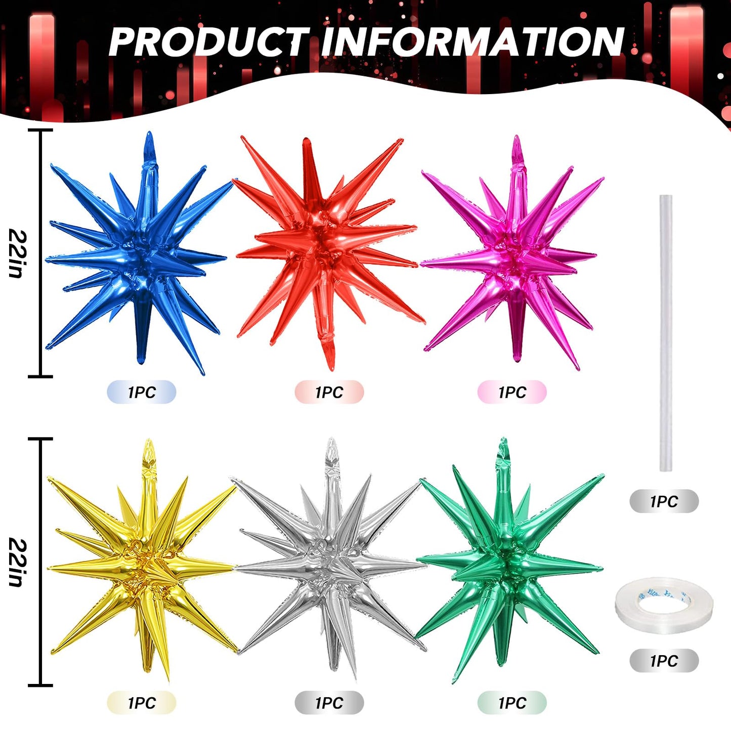 Saxuxu 6PCS Rainbow Star Foil Balloons, 22Inch Colorful Decorations for Birthday, Graduation, Wedding, Christmas, New Year Parties