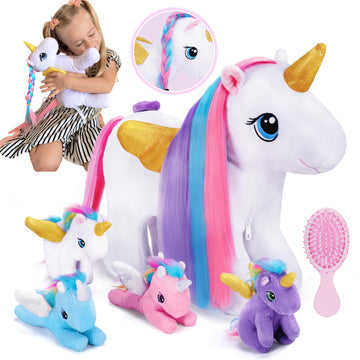 Ouozzz Unicorn Stuffed Animal With 4 Babies Inside And A Comb 14.7' Colorful Rainbow Unicorn Plush For Kids, Girls, Daughters On Birthday, Christmas, Easter