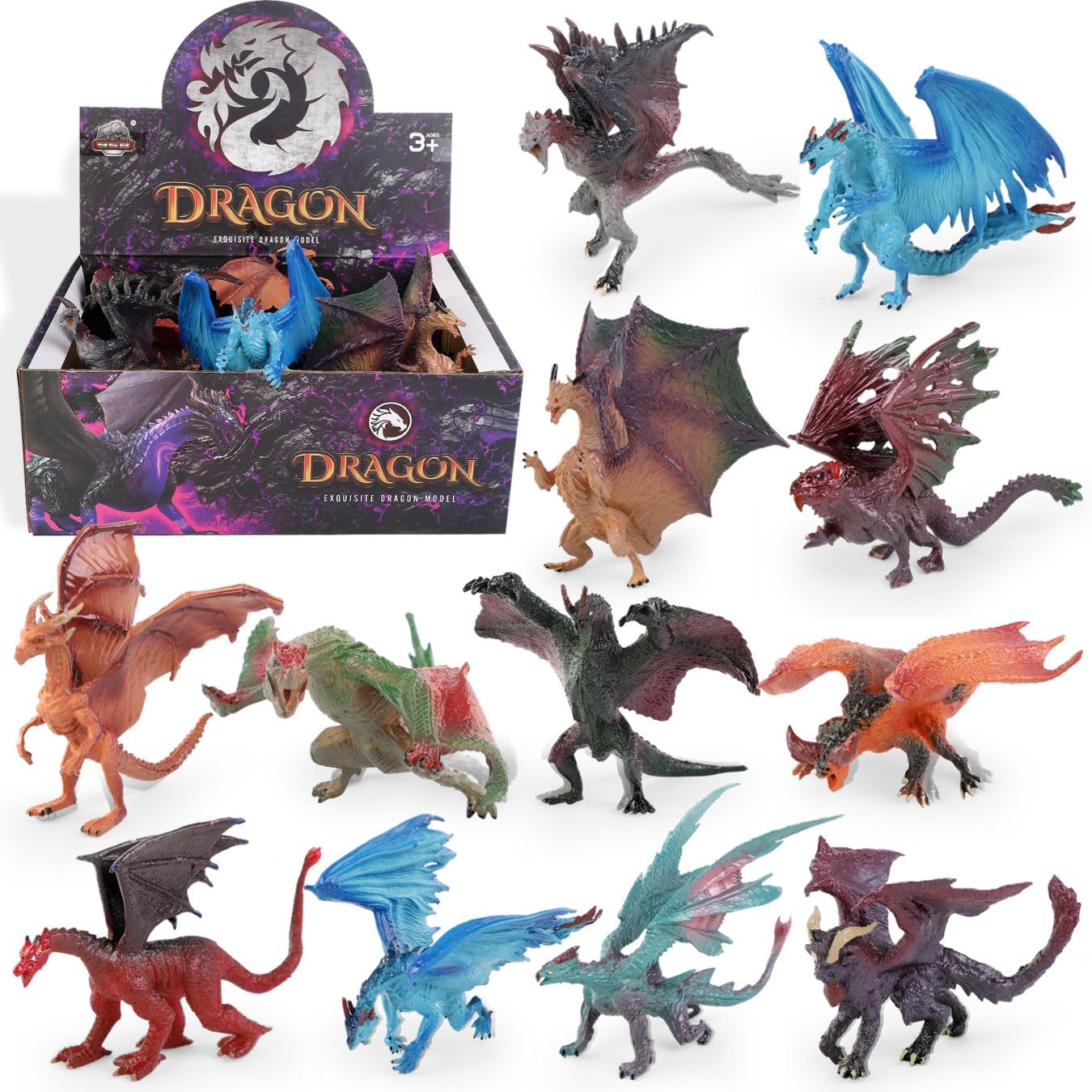 12 Pcs Dragon Toy Figures  5 Large Realistic Hand Painted Mythical Figurines  Assorted Designs for Kids Party Favors & Cake Toppers