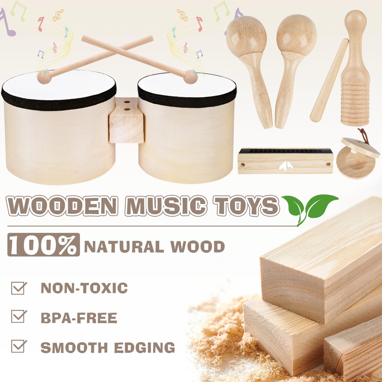 Drum Set For Toddlers 1-3, Wooden Musical Instruments Toys For 1 Year Old Girls Gifts, Montessori Toys For Babies 6-12-18 Months With Bongo Drum, One First Christmas Birthday Gifts For Boys Age 2-4