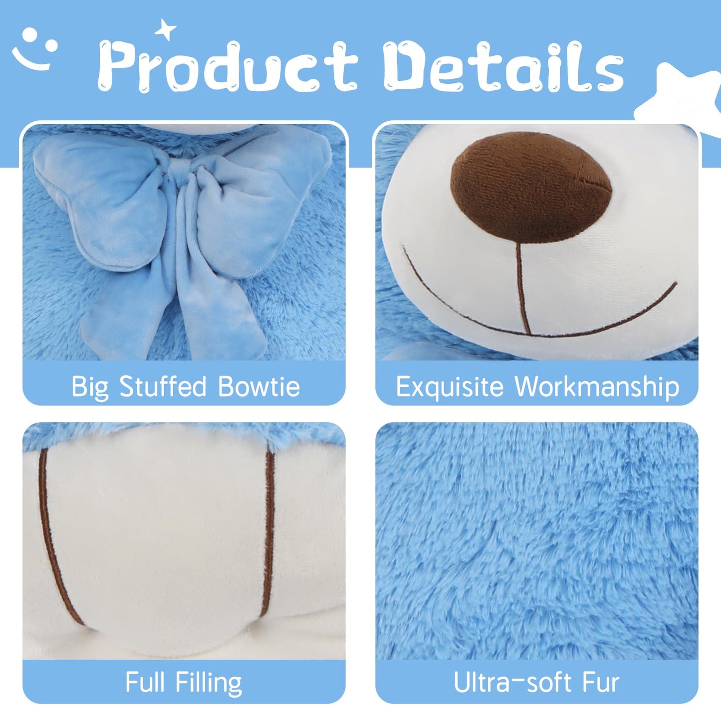 Tezituor Giant Teddy Bear Plush Toy - 5 Feet Soft Polyester Stuffed Animal - Blue - Ideal Valentine's/Birthday Gift