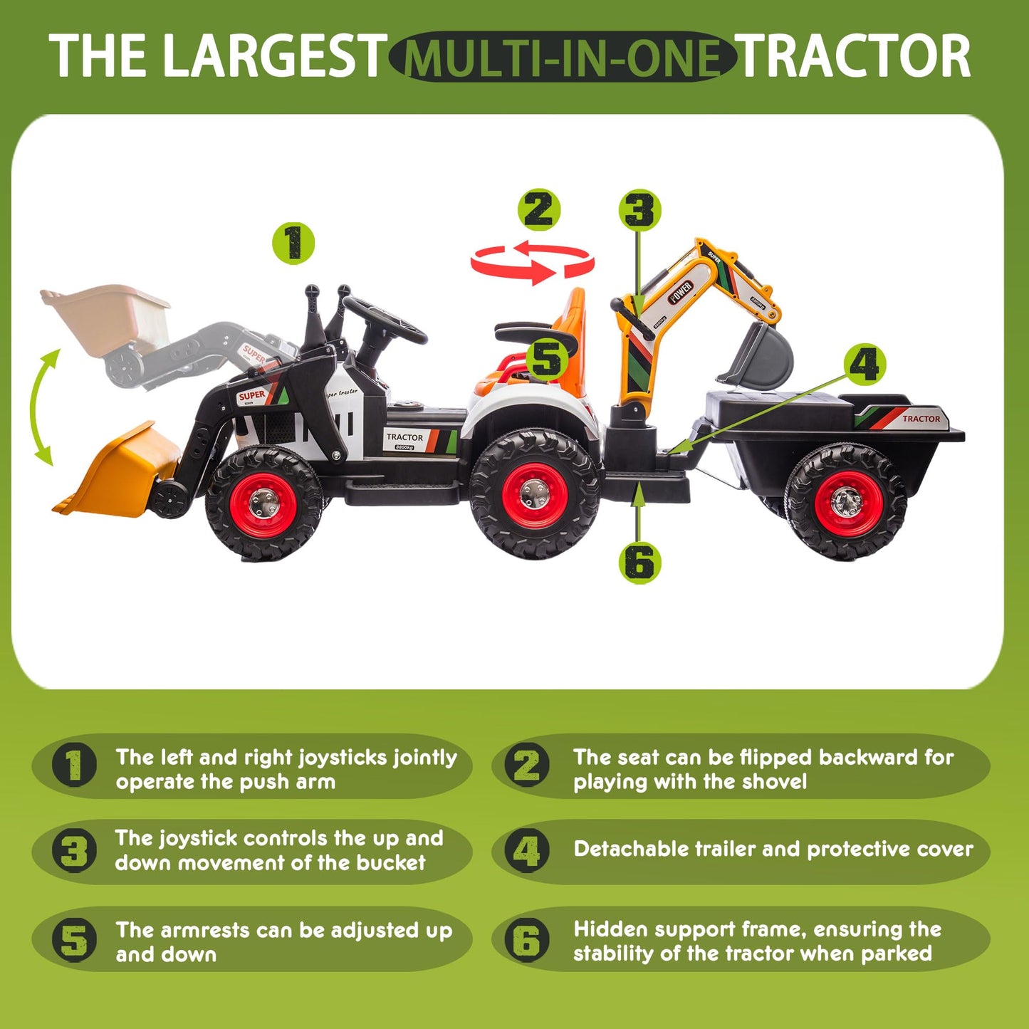 Okybaby 24V Kids Ride On Tractor Toy Electric Car For Kids With 4-In-1 Construction Attachments Excavator, Dump Truck & Bulldoze