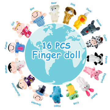 Sealive 16-Pcs Finger Puppets For Toddlers Story Time - Soft Velvet 10 Animals & 6 Family Members - Perfect For Role Playing, Classroom Learning, Party Favors, Travel, Therapy, Imagination Building