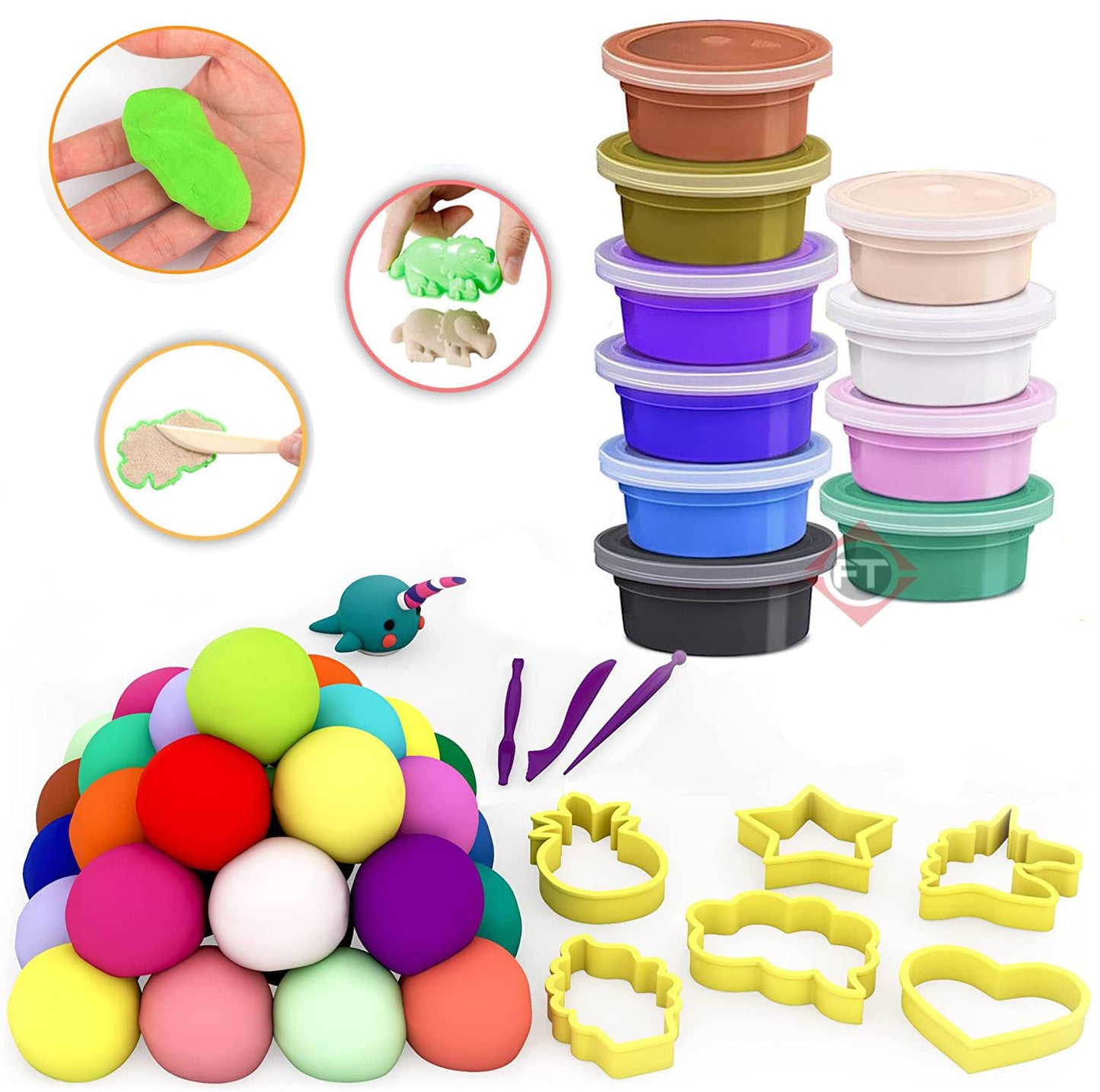 Firstly Air Dry Clay, 12 Colours Modelling Clay For Kids, Safe And NoToxic Modeling Clay & Dough 3 Moulds, 2 Tools, Soft & Stre