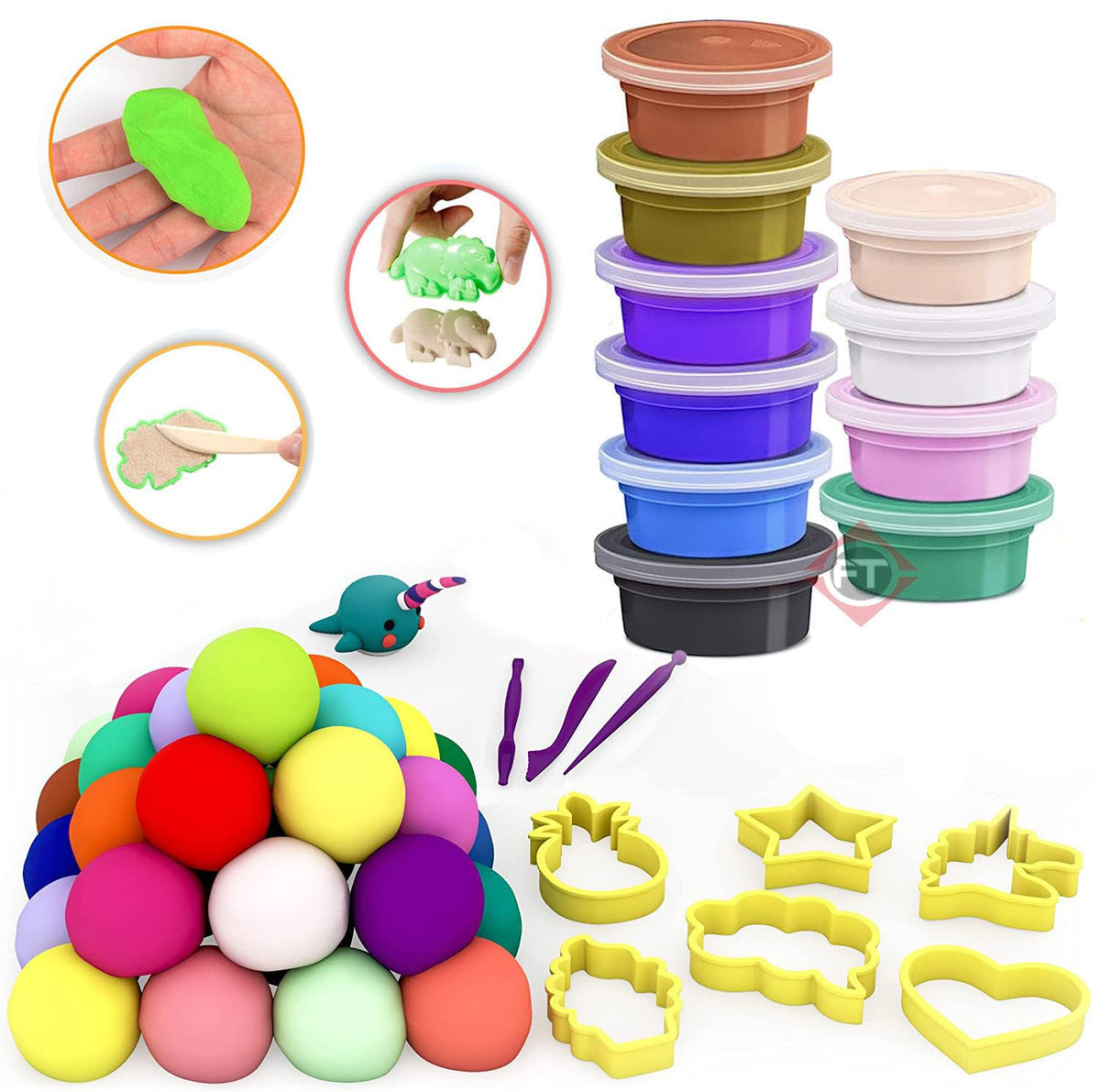 Firstly Air Dry Clay, 12 Colours Modelling Clay For Kids, Safe And NoToxic Modeling Clay & Dough 3 Moulds, 2 Tools, Soft & Stre