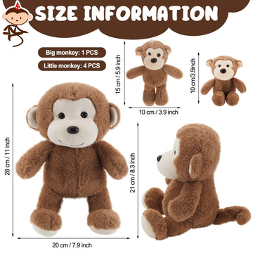 Lewtemi 5 Pcs Monkey Stuffed Animals Large Monkey Plush Toy With 4 Cute Plush Baby Monkeys Soft Stuffed Monkey Plush Toy Cuddly
