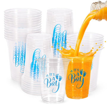 Whaline 50 Pcs Baby Shower Plastic Cups 16oz Its A Boy Clear Drinking Cup Blue Boy Gender Reveal Disposable Cups for Birthday P
