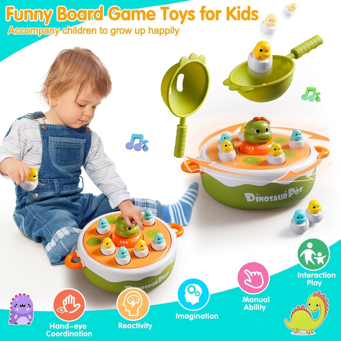 4 In 1 Dinosaur Pop Up Board Games For Kids Magnetic Fishing Turntable Rotating Music Dino Car Tic-Tac-Toe Developmental Toys Boy Girl Birthday Gift Family Operation Games Toddlers 3-5 4-6 5-7 4-8
