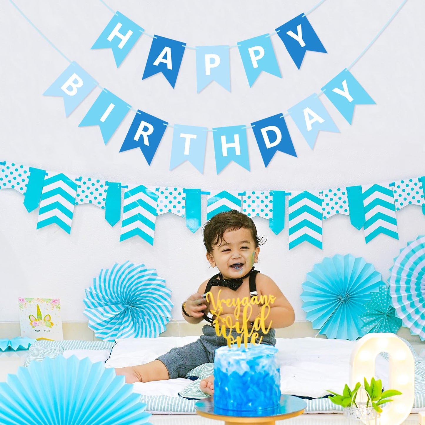 Waenerec Blue Happy Birthday Banner Sign Happy Birthday Bunting Banner Garland For Kids Boys Baby 1St Birthday Tea Party Decorations Bunting Flag Birthday Party Supplies