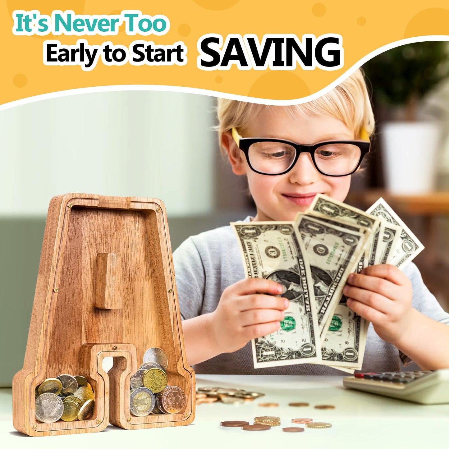 SummiDate Wooden Letter Piggy Bank for Kids| Piggy Bank for Boys Girls Toddler| Alphabet A Money Bank| Wood Coin Bank Personalized Birthday Easter Gifts for Kids (A)