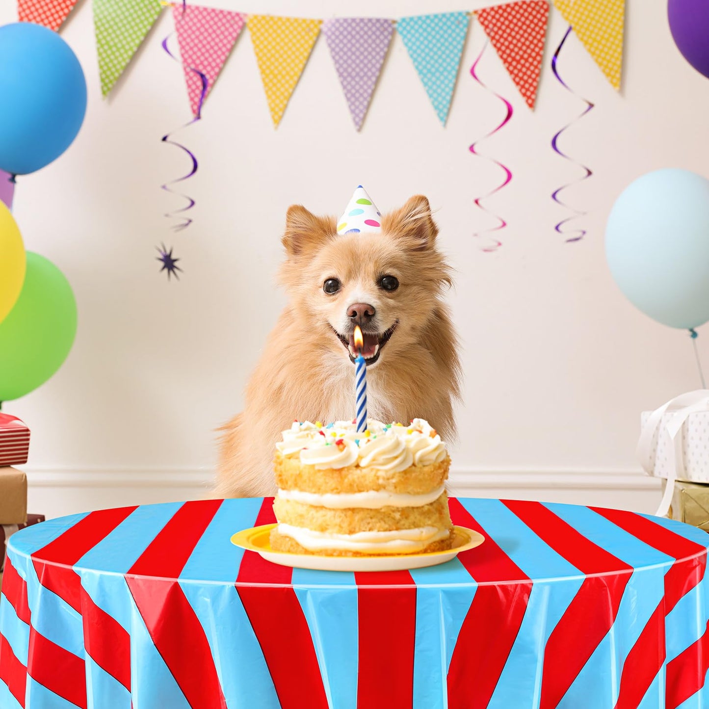 Tatuo 3 Pcs Red and Blue Round Circus Table Cloth 84 Inch Carnival Circus Tablecloths Striped Disposable Plastic Table Cover for