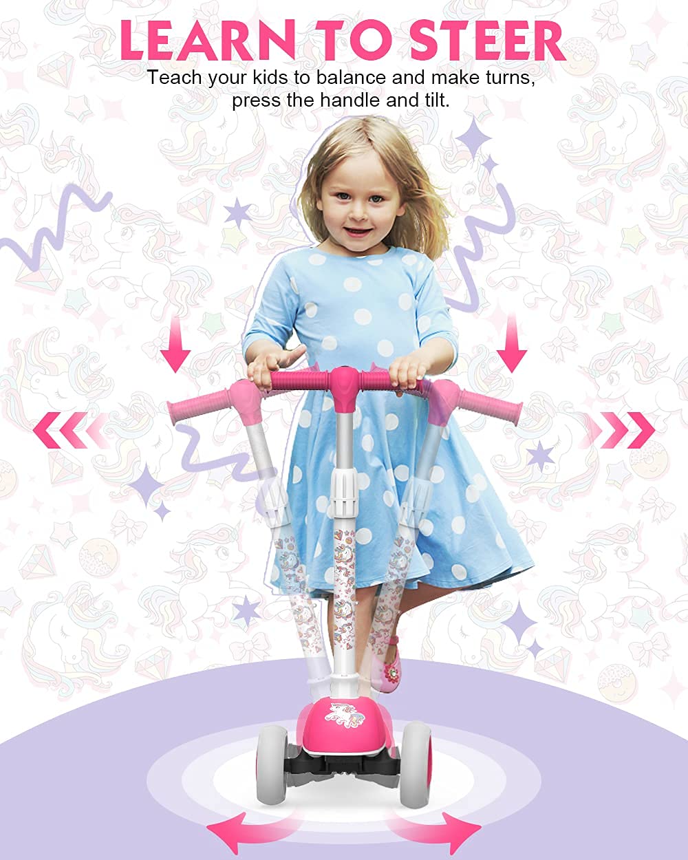 Mountalk Foldable Kids Scooter For Kids Ages 3-5/6-12 Years, 3 Wheels Scooter For Boys And Girls With Adjustable Heights And Led Wheels(Unicorn)