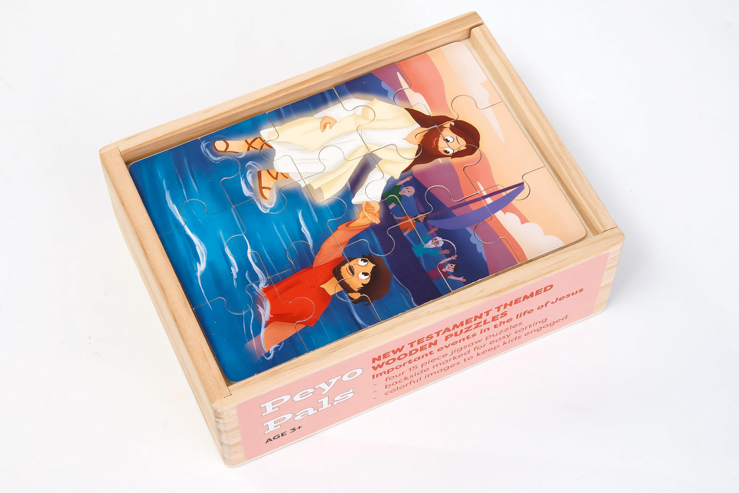 PEYO PALS Bible Puzzles for Kids Ages 4-6 | 4-in-1 Wooden Jigsaw Puzzles in Box (15 pcs Each) | Christian Gifts for Kids | Presc