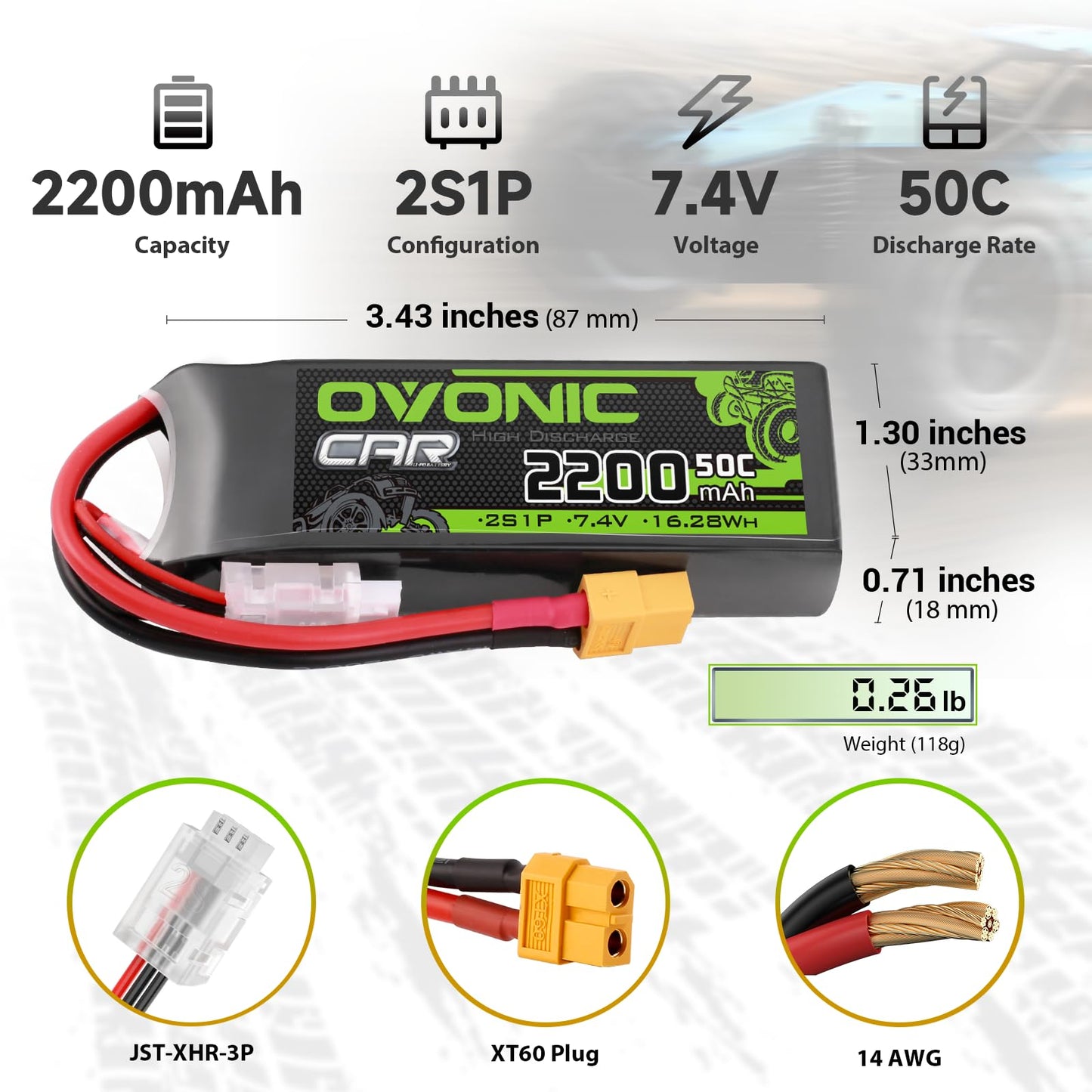OVONIC 2s Lipo Battery 50C 2200mAh 7.4V Lipo Battery with XT60+TRX Connector for RC Car Truck Boat Airplane Helicopter Quadcopte