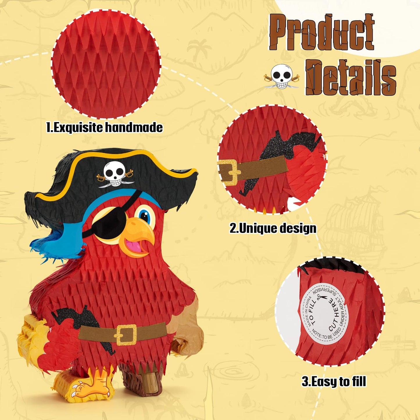 Wernnsai Pirate Piata - Pirate Parrot Piata with Blindfold and Bat for Boys  Birthday Party Adventure Theme Decorations