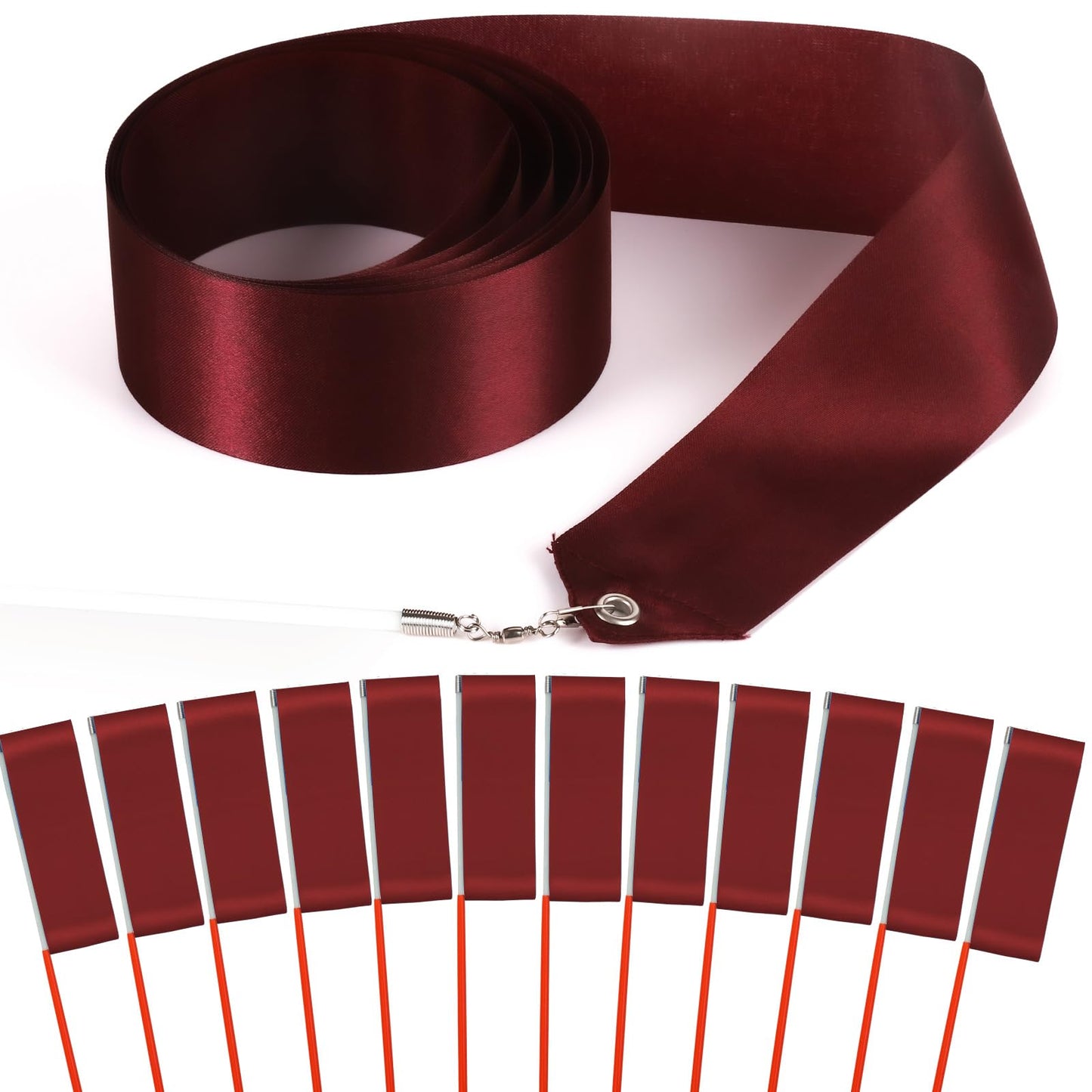 HiUnicorn 12PCS Burgundy Dance Ribbon Streamer Wands, Satin Silk, Rainbow Colors, Kids Graduation Party Decoration, Model HI-RIBBONS-01