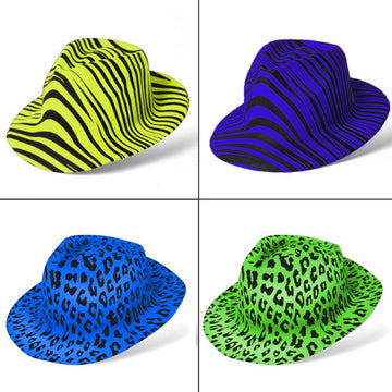 Novelty Place Neon Animal Print Plastic Party Hats, Fedora with Gangster Mafia Style, UV Blacklight Glow Party Stars Rave Hats f