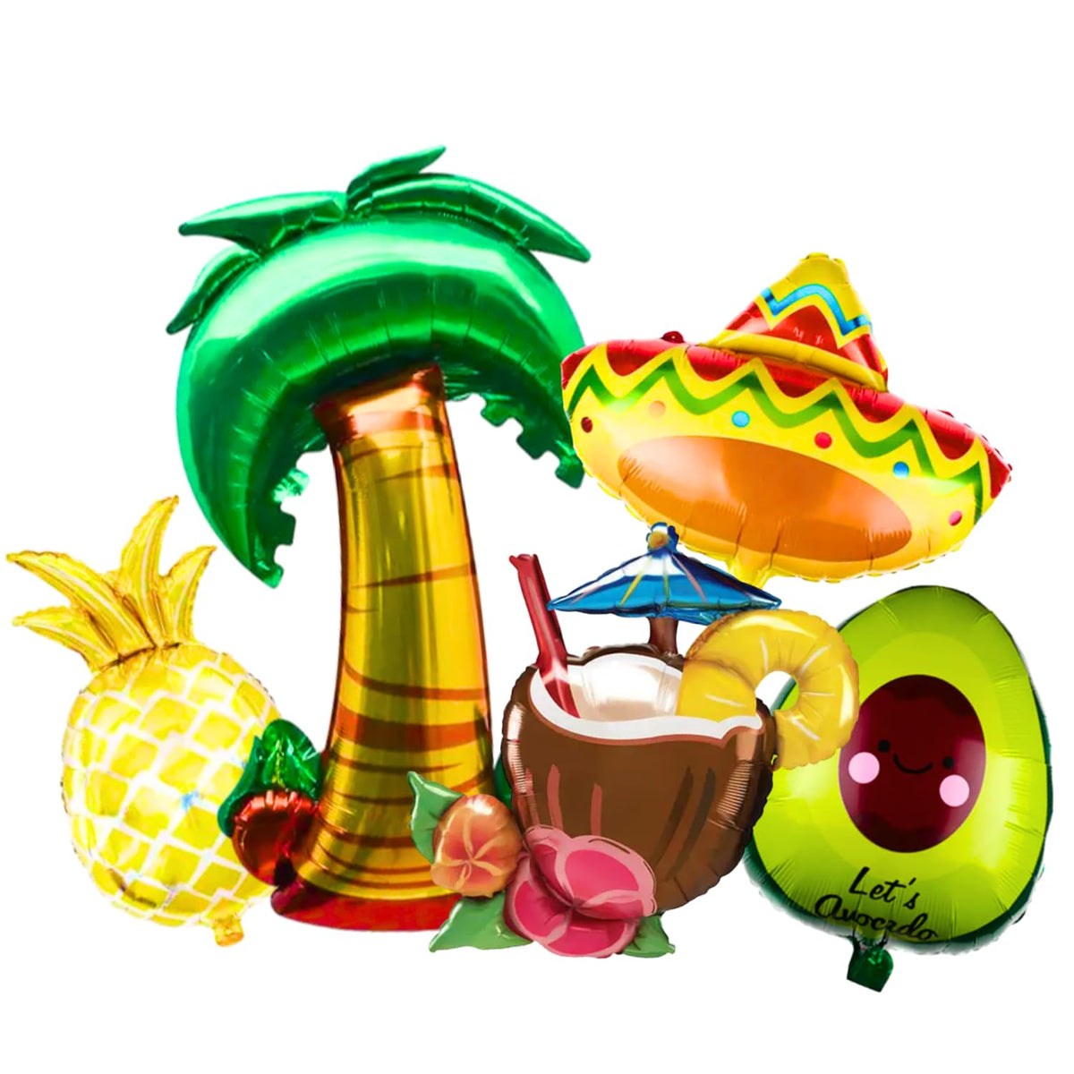 Party Decorz Hawaiian Foil Balloons Set of 5pcs(1pcs Tree Balloon+1pcs Pineapple Balloon+1pcs Sombrero Balloon+ 1pcs Coconut Bal