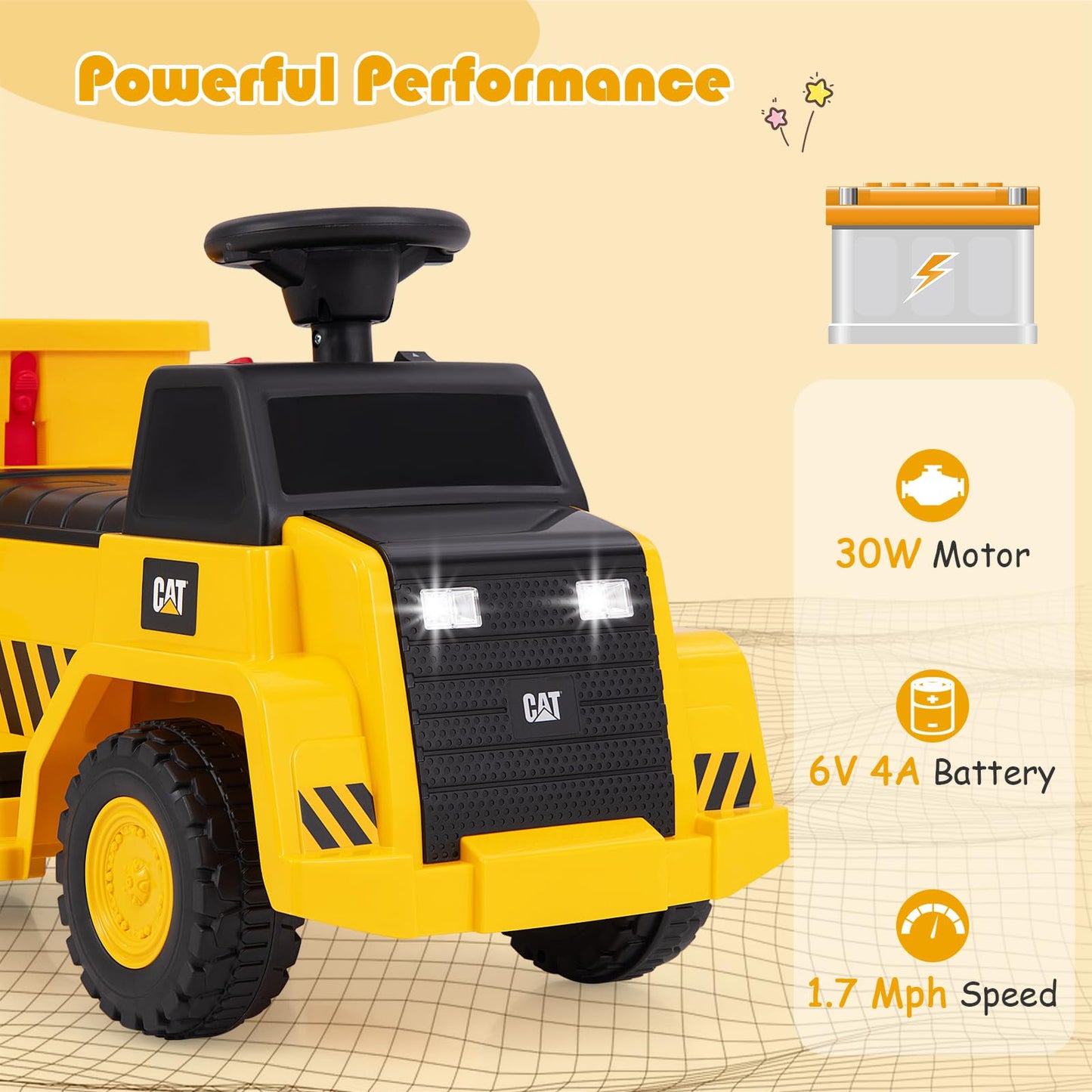 Costzon Ride on Dump Truck, 6V Licensed Caterpillar Ride on Construction Vehicle with Adjustable Dump Bed, Horn & LED Lights, Ki