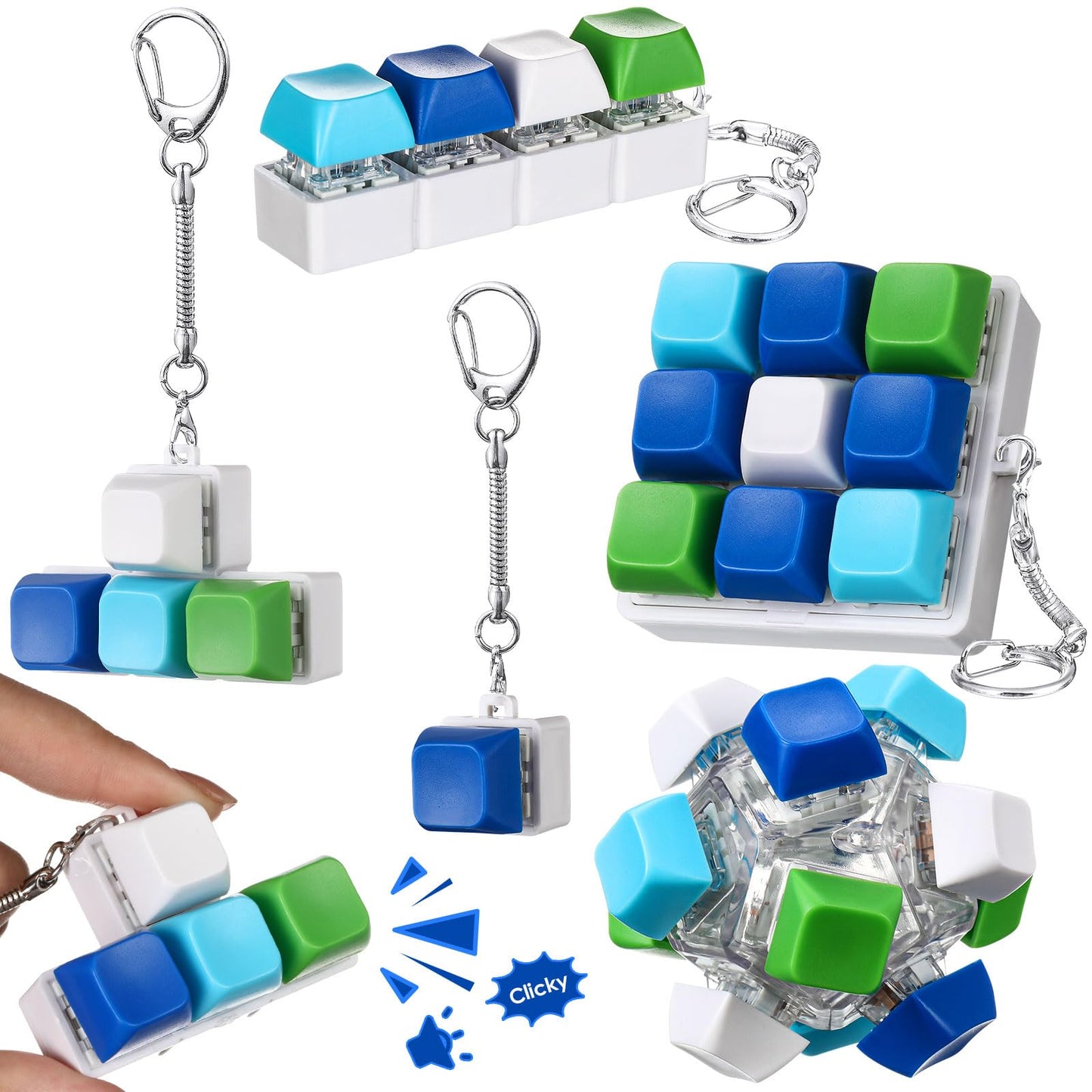 Halloscume 5 Pcs Keyboard mature-themed Fidget Toy Clicker Toy in 5 Styles Keyboard Fidget Keychain Cube Mechanical Key Button Clicker Stress Relief Gift for Office Home Pass Time(Blue Green)