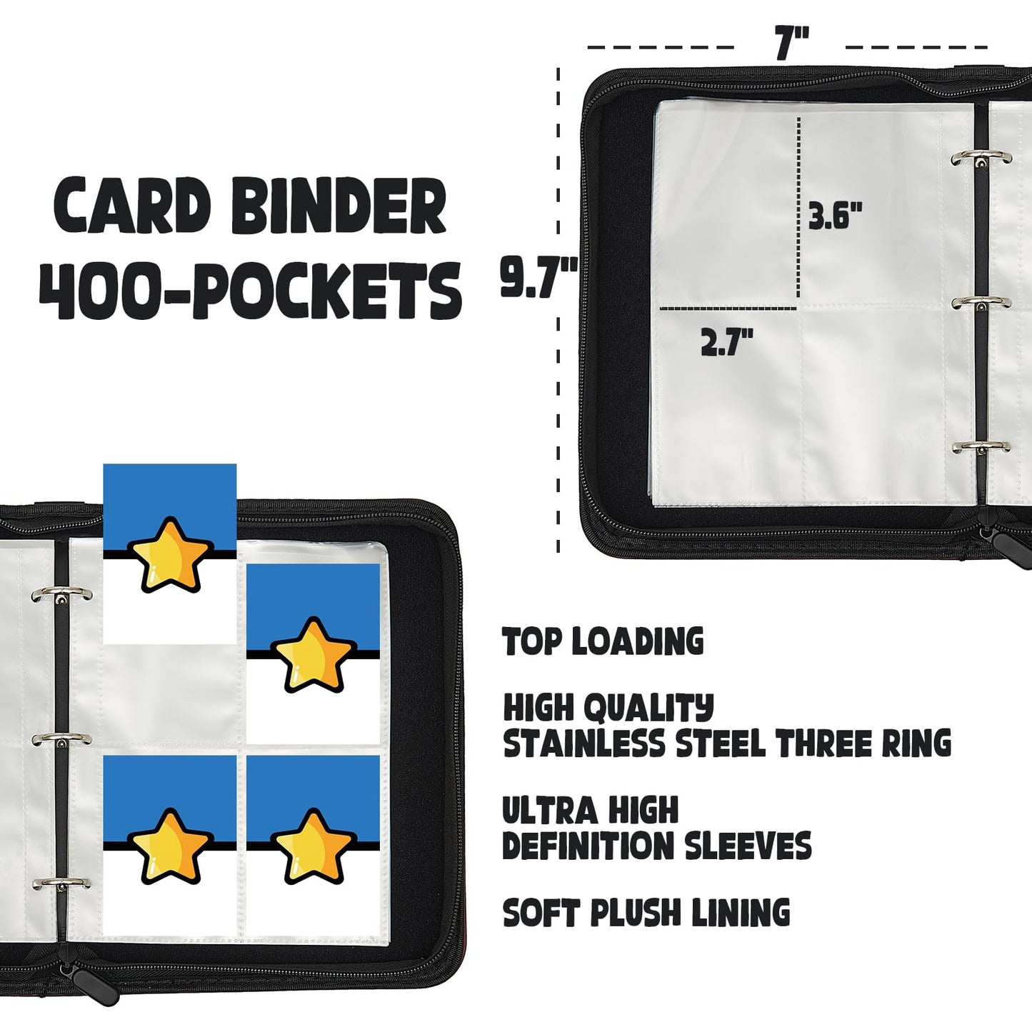 Trading Card Binder 9 Pocket Pages Top Loading 900 Card Storage 3 Ring Design With Zipper Boy's Gift (Blue  400 cards)