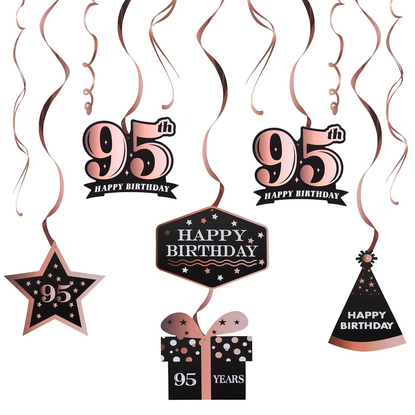 LINGTEER Happy 95th Birthday Rose Gold Swirls Streamers - Cheers to 95th Birthday 95 Years Old Bday Party Hanging Decorations.