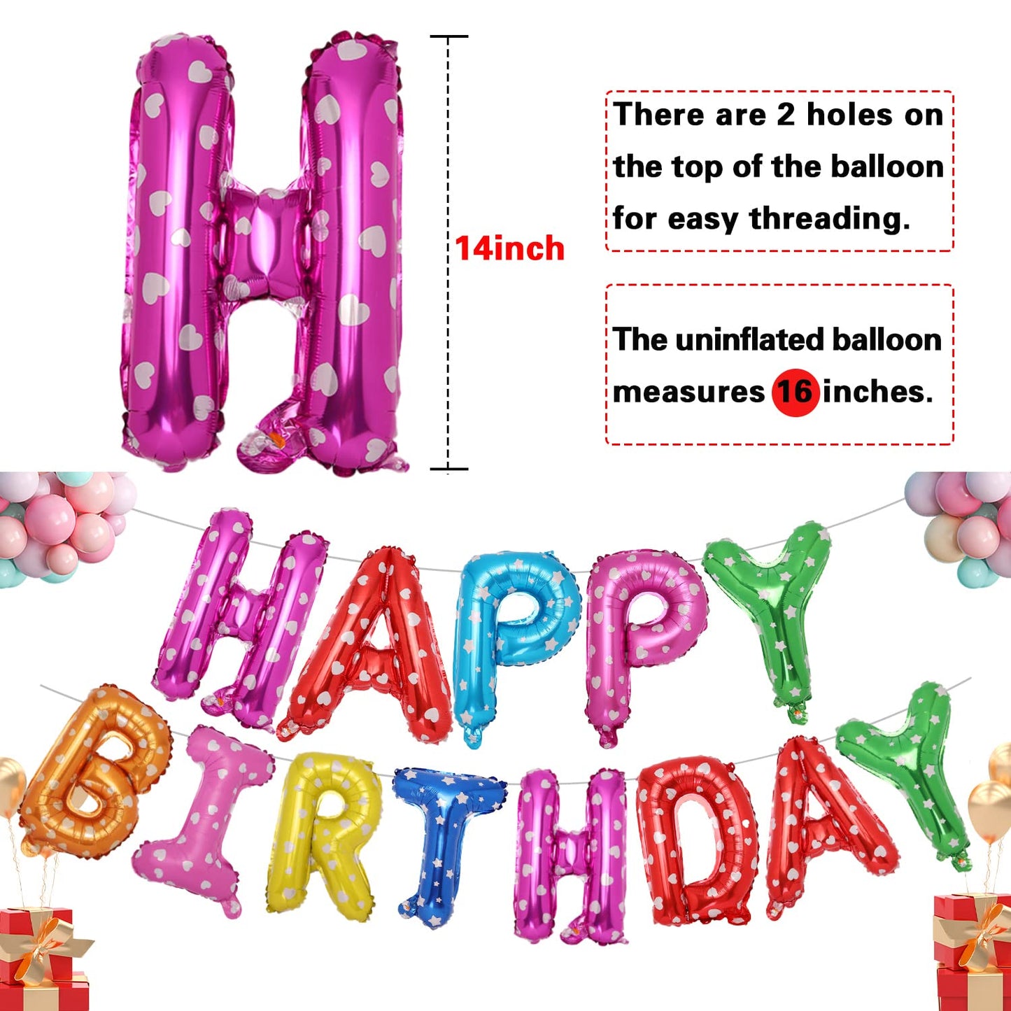 Accevo Colorful Happy Birthday Banner 16 Inch Aluminum Foil Letters Balloons Heart Pattern Happy Birthday Balloon For Kids, Chil