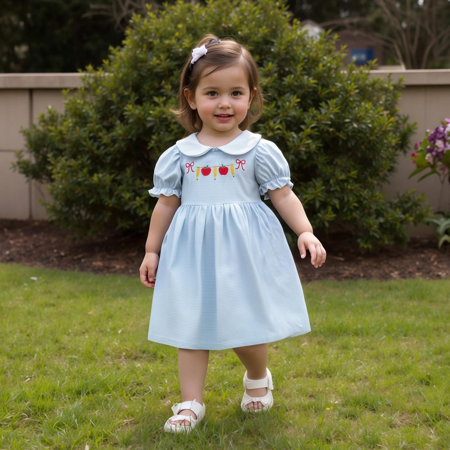 Toddler Girl Back To School Clothes Embroidery Smocked Dress Doll Collar Sundress First Day Of Pre Kindergarten Outfit (Apple Pe