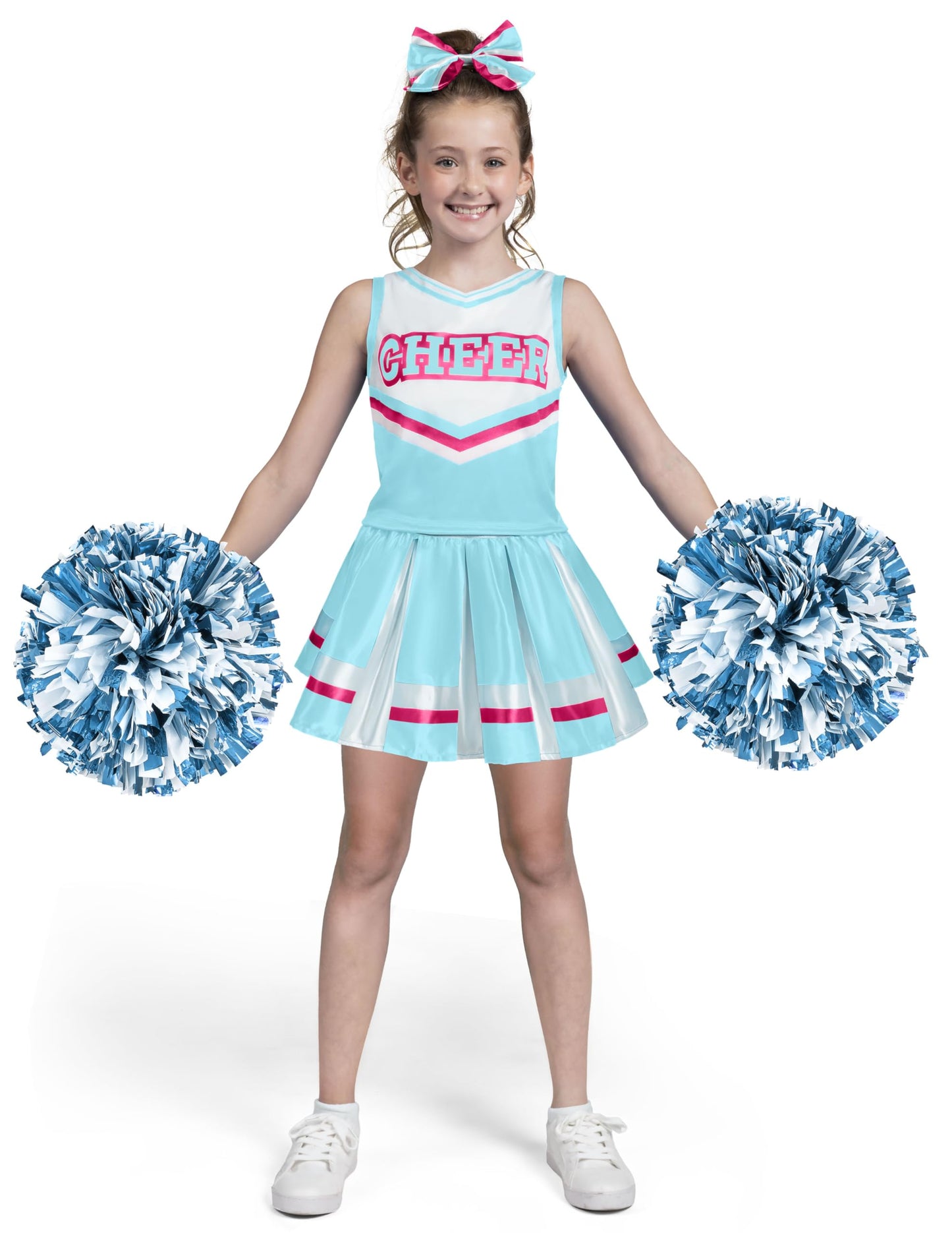 Spooktacular Creations Halloween Girl Cheerleader Costume  Celeste and Pink Cheer Uniform Set  Cute Cheerleading Outfit with Accessories for Halloween Dress-Up  High School Themed Party(L  10-12yrs)