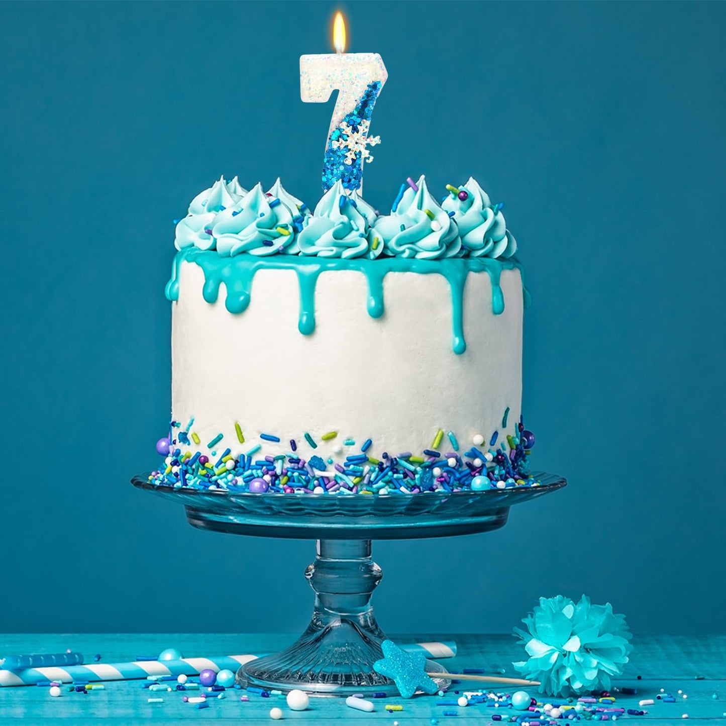 Snow Themed Birthday Candles, 7th Birthday Candle for Party Supplies, Winter Birthday Party Supplies, 2.76 inch Number 7 Cake To