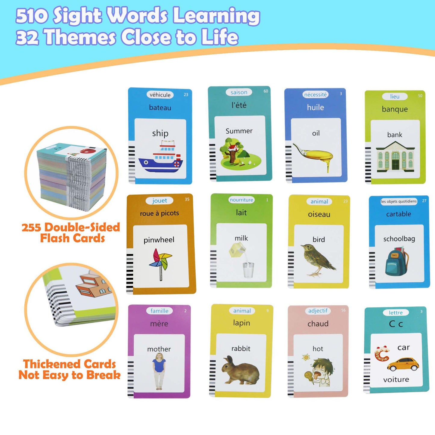 MAYAPHILOS English and French Talking Flash Cards with 510 Sight Words Learning Educational Toys to Learn French Pocket Speech A