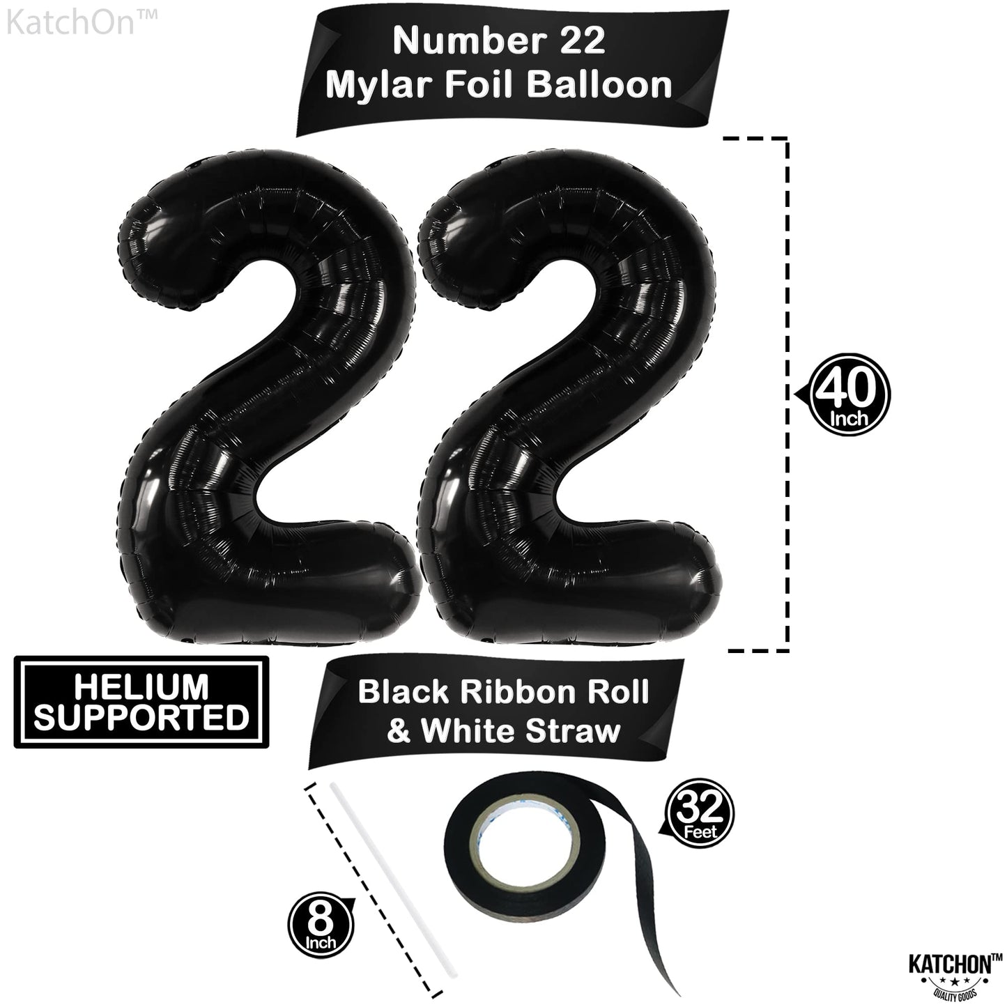 Katchon, 22 Balloon Number Black - 40 Inch, 22 Number Balloons | Black 22 Balloons For 22 Birthday Decorations For Men | Number 22 Balloons | 22 Black Balloons For 22 Birthday Decorations For Women