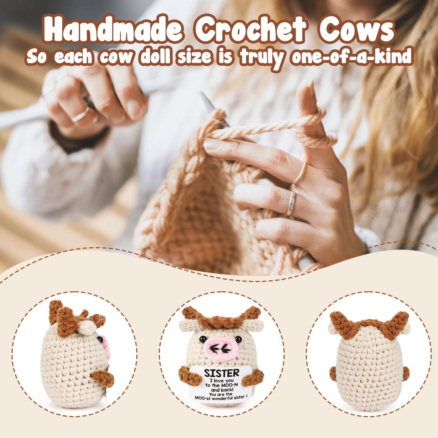 YUEYUQIU Funny Handmade Crochet Cow Gifts for Sister - Sister L Love You to The Moon and Back  Cute Small Cow Gifts for mature-themed Sister Big Little Sister from Sister Birthday Christmas Stocking Stuffers