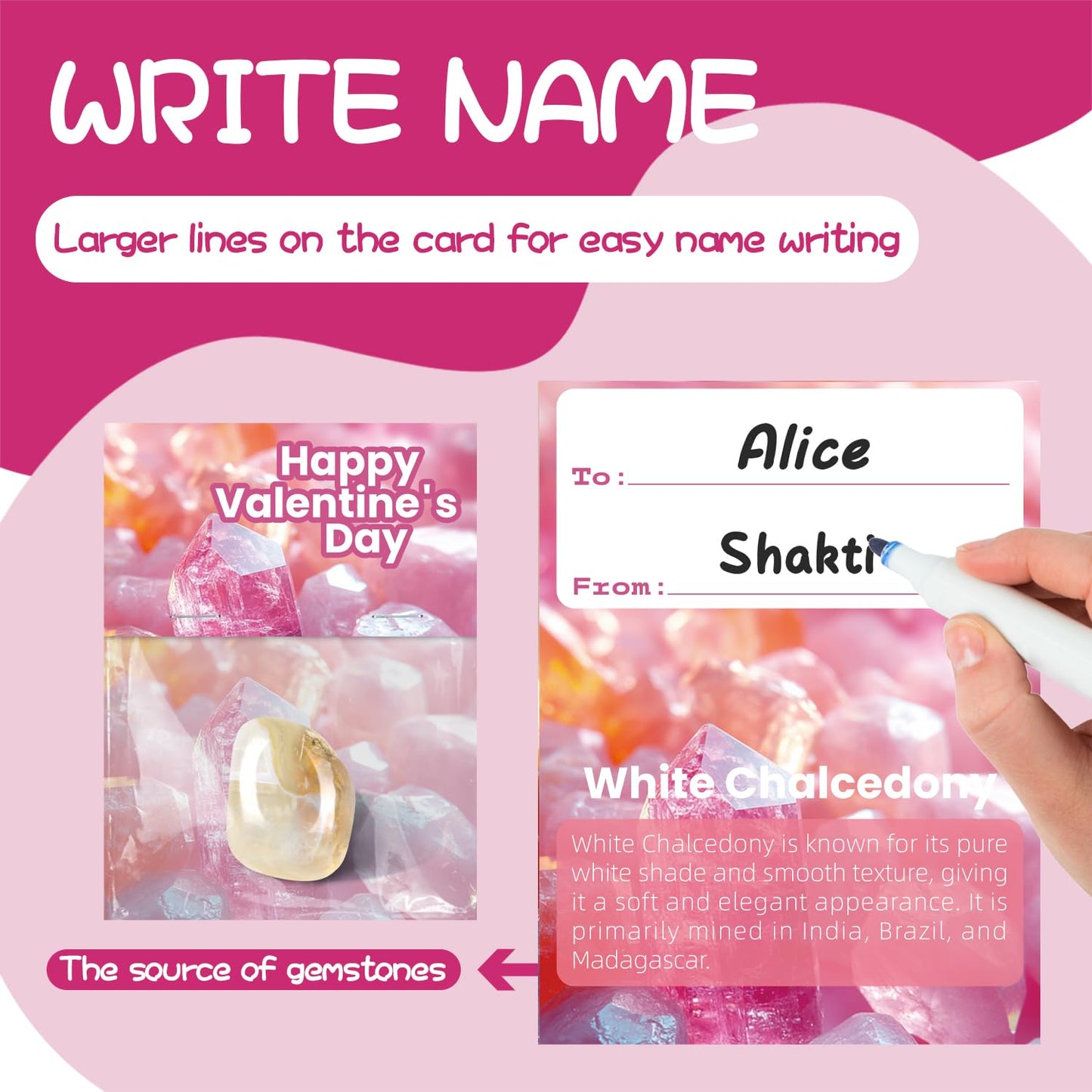 30 Pack Prefilled Valentines Cards & Crystal - Valentines Day Gifts for Kids Classroom - Gem Rock Valentines Day Cards for Kids