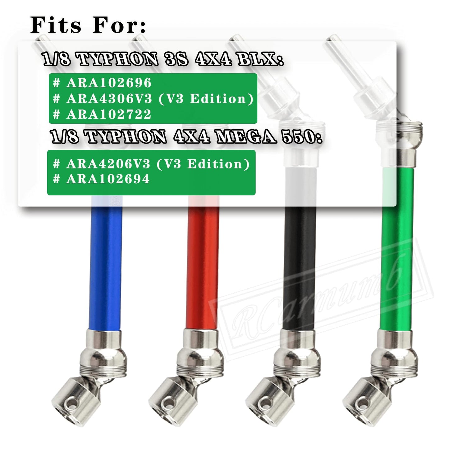 Rcarmumb Rc Drive Shaft CVD Upgrades for 1/8 Arrm a Typhon 4x4 3s Blx,1/8 Typhon 550 Mega 4x4,4pcs Front Rear Axles Upgrades Par