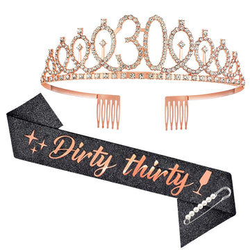 30Th Birthday Tiaras And Crowns For Women Girls, Birthday Decorations Rose Gold Sash Crystal Tiara Party Supplies