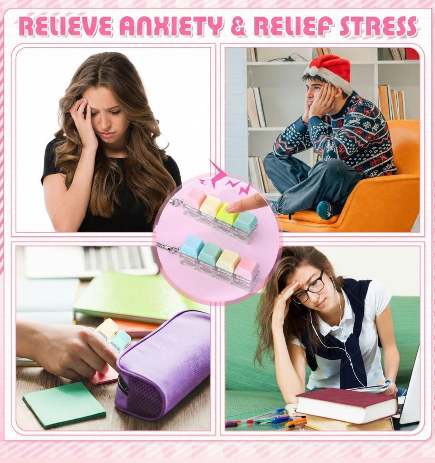 Halloscume 4 Pcs Keyboard mature-themed Fidget Toy Clicker Toy 4-in-1 Keyboard Fidget Keychain Cube Mechanical Key Button Clicker Stress Relief Gift for Office School Home to Pass The Time (Pastel Colors)