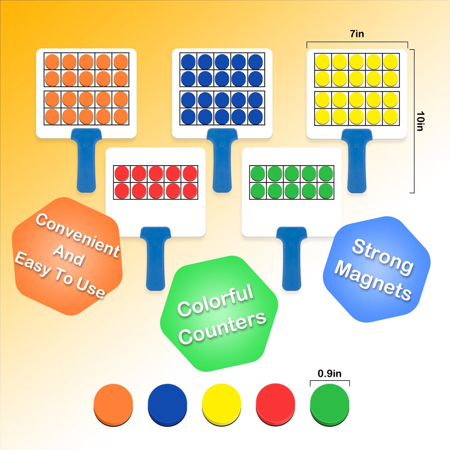 Quilinz Magnetic Ten Frame Set - 5 Dry Erase Paddles & 150 Math Counters, Math Manipulatives for Kids, Red/Orange/Yellow/Green/Blue, EVA